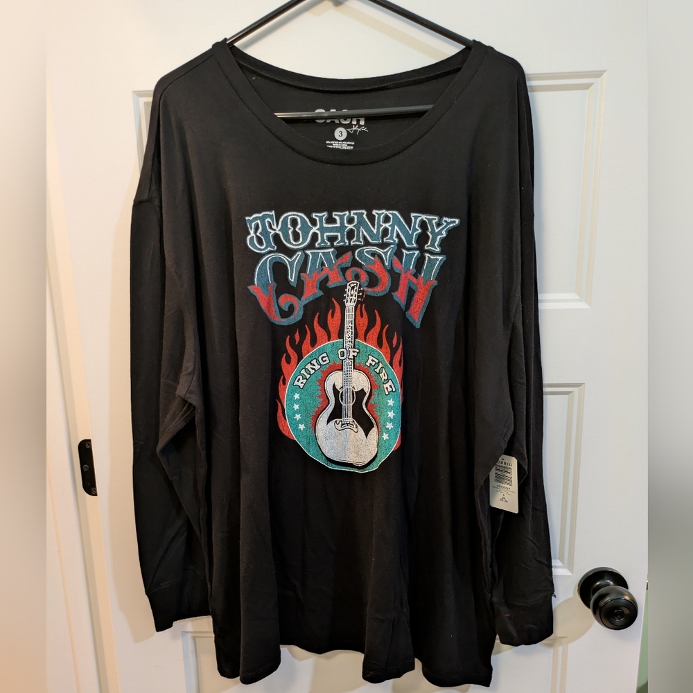 torrid Black Johnny Cash Graphic Long Sleeve Top with Red & Teal Print